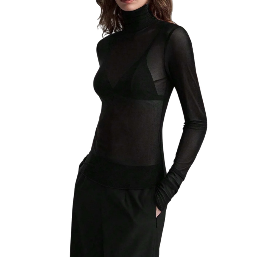 Womens Elegant Turtleneck Mesh Top Sexy Long Sleeve Semi-Sheer Slim T-shirts
